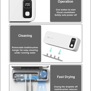 Puede incluir: Un esterilizador de cepillos de dientes blanco con una pantalla digital que muestra "200". La imagen muestra las funciones de operaci&oacute;n, limpieza y secado r&aacute;pido. El texto incluye "Un bot&oacute;n para iniciar", "Soporte de cepillos de dientes extra&iacute;ble" y "Secar las gotas de los cepillos de dientes reduce el crecimiento bacteriano".