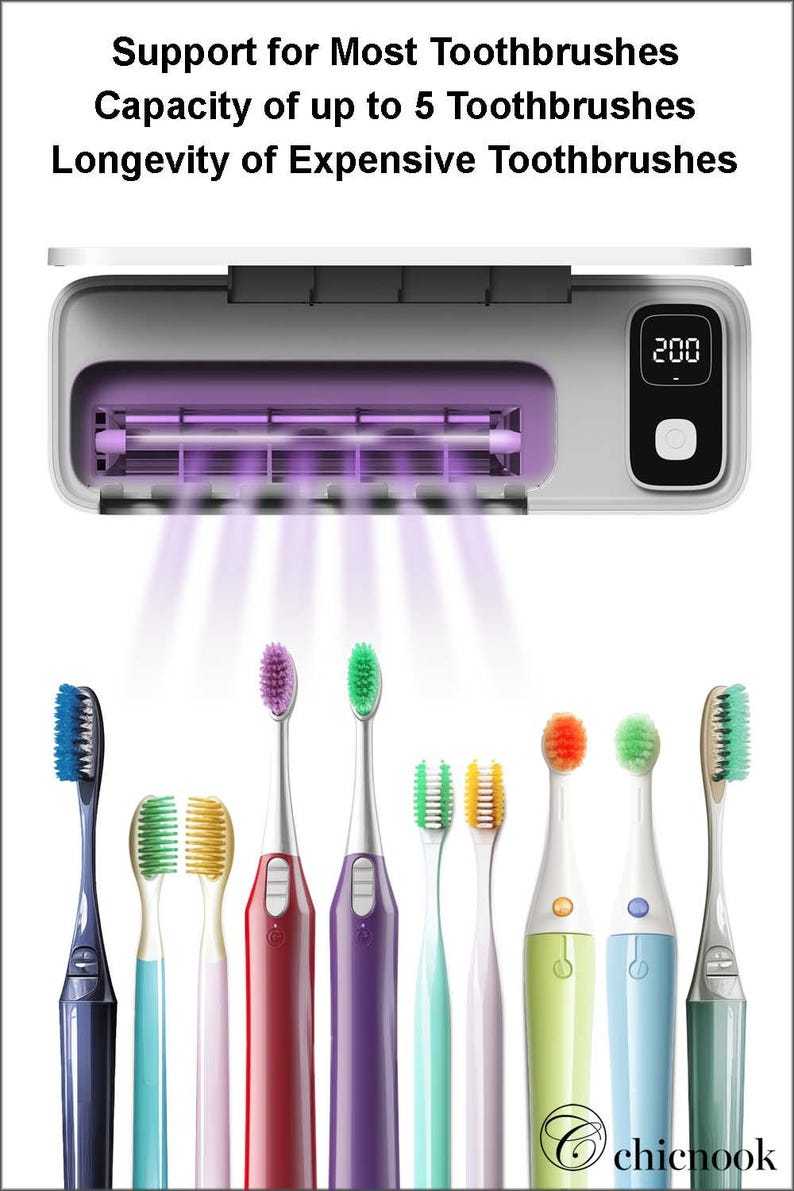 Puede incluir: Un esterilizador de cepillos de dientes blanco con pantalla digital, con capacidad para hasta 5 cepillos de dientes. La imagen muestra una variedad de cepillos de dientes coloridos con diferentes colores de cerdas.