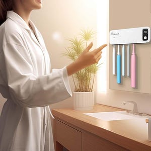 Puede incluir: Un soporte blanco para cepillos de dientes con el texto "Space Saver Clutter Reducer" y una pantalla digital. El soporte tiene ranuras para cepillos de dientes en azul, blanco y rosa. El producto est&aacute; montado en una pared en un ba&ntilde;o.