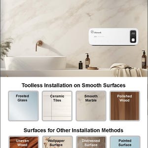 Puede incluir: Un aparato de ba&ntilde;o blanco con una pantalla digital, etiquetado como "200", est&aacute; montado en una pared de m&aacute;rmol. La imagen tambi&eacute;n muestra superficies de instalaci&oacute;n como vidrio esmerilado, baldosas de cer&aacute;mica y madera pulida. El texto dice "Instalaci&oacute;n f&aacute;cil sin herramientas".