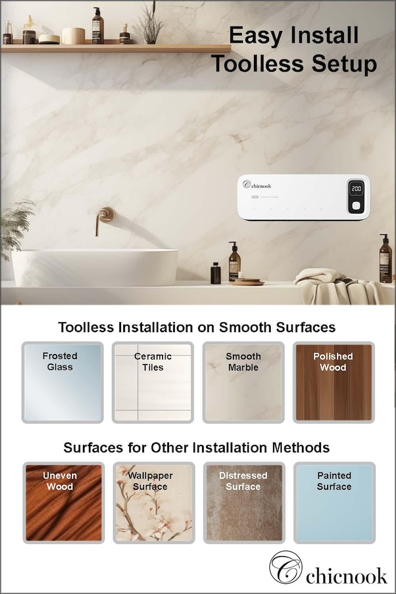 Puede incluir: Un aparato de ba&ntilde;o blanco con una pantalla digital, etiquetado como "200", est&aacute; montado en una pared de m&aacute;rmol. La imagen tambi&eacute;n muestra superficies de instalaci&oacute;n como vidrio esmerilado, baldosas de cer&aacute;mica y madera pulida. El texto dice "Instalaci&oacute;n f&aacute;cil sin herramientas".