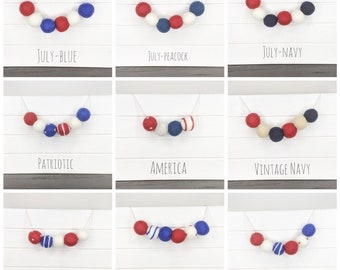 Patriotic Felt Ball Garland Fourth of July Wool Star Pom Pom Holiday Decor Banner