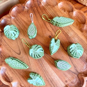 May include: A collection of small, green, leaf-shaped charms and trinkets. Each piece features detailed vein patterns in a lighter shade of green or white. Several items include small, colorful ball-chain attachments for hanging or securing.