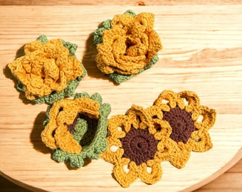 Cute Handmade Crochet Sunflower Coasters | Nesting Plant Coasters