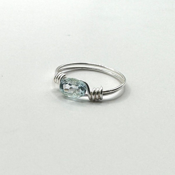 Light Blue Natural Aquamarine Cut 0.7 Carat Gemstone Ring With 999 Pure Silver Wire - Size 7 3/4