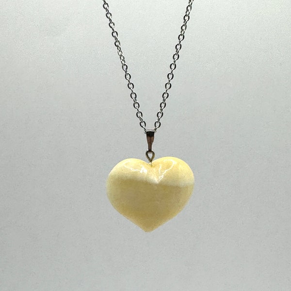 Yellow Jade Heart Shaped Pendant Necklace With 17 Inch Stainless Steel Chain