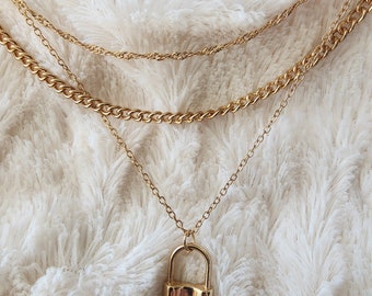 Vintage Charm: Layered Gold Tone 3-in-1 Lock Necklace