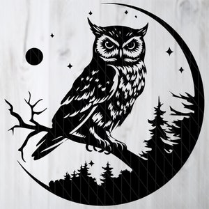 Arquivo SVG de coruja para download instantâneo, arquivo SVG de coruja e lua para POD, decalque de silhueta de pássaro, design de adesivo de pássaro para impressão