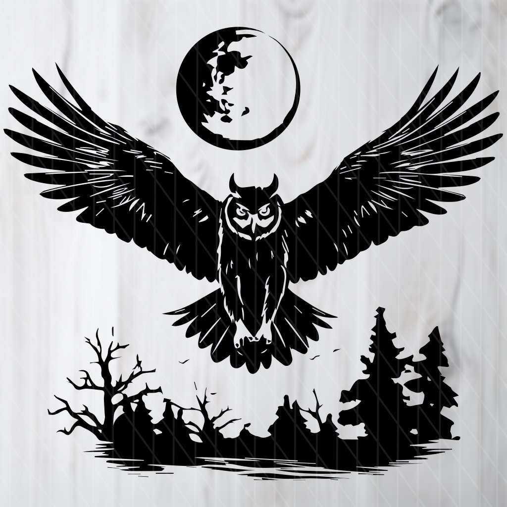 Flying Owl SVG file for instant download, Owl & moon SVG file for POD,  Bird silhouette decal, B
