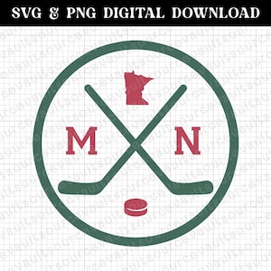 May include: A digital download graphic featuring a green circle with crossed hockey sticks. Inside the circle are the letters "M" and "N" in red, a red outline of the state of Minnesota, and a red hockey puck. The text "SVG & PNG DIGITAL DOWNLOAD" is at the top.