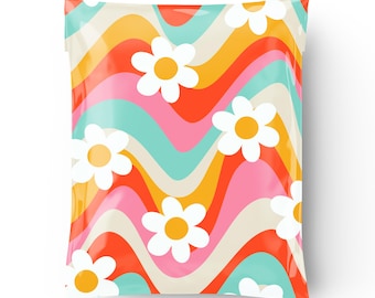 Sobres de envío de polietileno retro con estampado floral arcoíris de 10x13", sobres con flores onduladas, bolsas de envío modernas de 3.15 mil de grosor, bolsas de envío, sobres de polietileno bonitos y vibrantes