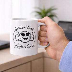 Smile and Dial Locks and Docs Mug | Funny Sales Coffee Mug | Insurance Agent Gift | Call Center Humor | Office Desk Mug