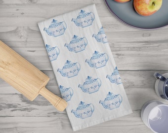 Blue & White Tea Kettle Tea Towel, Trendy tea Towels, Mother's Day Gift