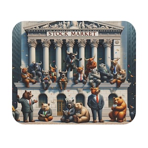 Op de afbeelding: Een kleurrijke illustratie van een groep beren en stieren voor een gebouw met de woorden "STOCK MARKET" boven de ingang. De beren en stieren dragen pakken en houden borden vast met de tekst "KOPEN" en "VERKOPEN".