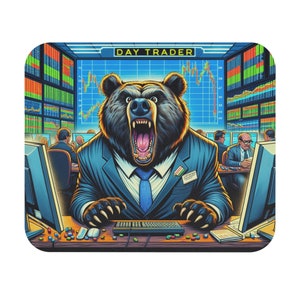 May include: A cartoon illustration of a bear wearing a suit and tie, sitting in front of a computer with a keyboard and mouse. The bear is looking at the computer screen with an angry expression. The background shows a stock market ticker and multiple computer screens with financial data. The text "DAY TRADER" is displayed at the top of the image.