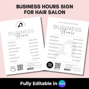 Op de afbeelding: Twee zwart-witte printbare openingstijdenborden voor een kapsalon. De borden bevatten de tekst "Openingstijden" en tonen de dagen van de week met de bijbehorende tijden. De borden bevatten ook een QR-code, contactgegevens en een plek voor een logo.