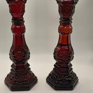 Avon Ruby Red Cape Cod 1876 Collection Tall Candle Sticks.