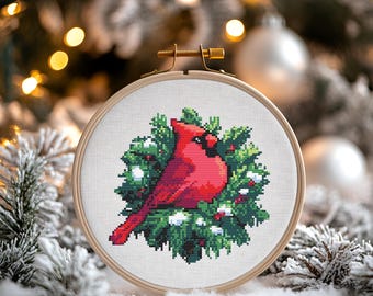 Christmas Cardinal Cross Stitch Chart, Winter Bird (Digital Download)