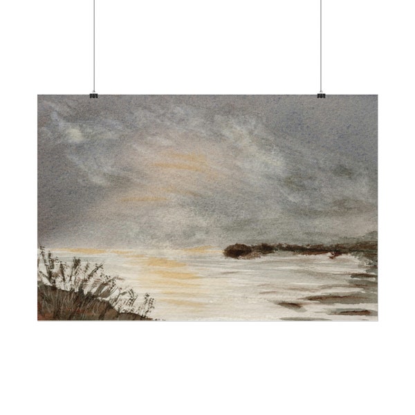 Aquarelle Paysage Hivernal Plage et Mer - Herbes Sauvages, Vagues Déferlantes, Lumière Nuageuse, Atmosphère Glaciale, Nuance Gris Bleu Jaune