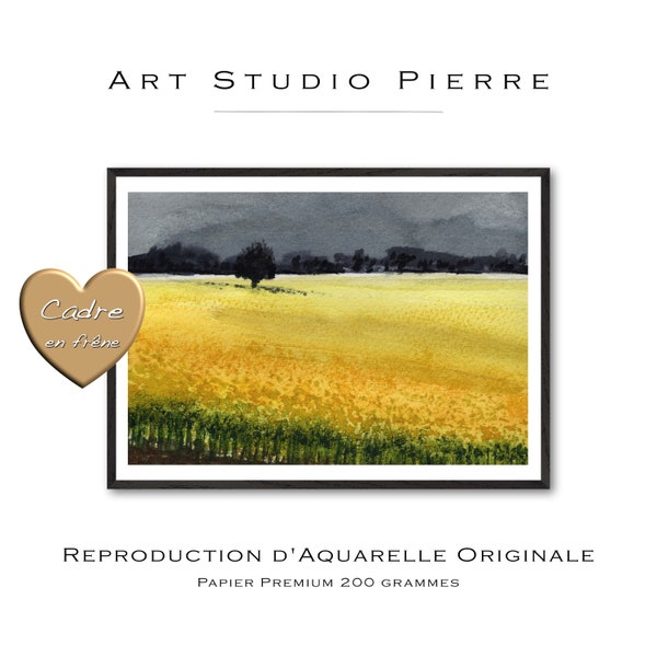 Aquarelle Champ de Colza en Fleurs - Poster de Paysage Campagne au Printemps, Tableau Imprimé - Arbre Isolé et Horizon Sombre - Ciel Orageux