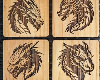 Dragon Head Wooden Coasters, Laser Engraved Drink Coasters, Fantasy Pine Coasters, Home Decor Gift, Dragon Lover Coaster Set