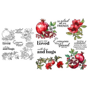 Fiori di melograno, sei amato con amore e abbracci, siamo così contenti che siamo amici, timbri trasparenti, scrapbooking, biglietti, artigianato
