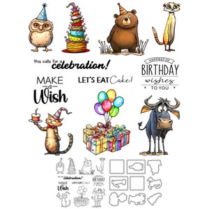 Animali di compleanno sciocchi, esprimi un desiderio, mangiamo la torta, celebrazione, fustelle in metallo, timbri trasparenti, album di ritagli, creazione di biglietti, artigianato