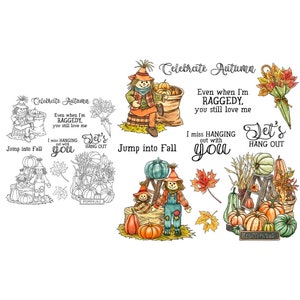 Célébrez l'automne, épouvantail, citrouilles, feuilles, sautez dans l'automne, même quand je suis déguisé en guenilles, tu m'aimes toujours, tampons transparents, scrapbooking, création de cartes