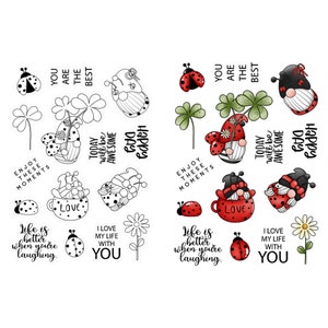 Gnomi coccinella "Amo la mia vita con te", "La vita è migliore quando ridi", "Happy Day", "Fustelle in metallo", "Timbri trasparenti", "Biglietti artigianali"