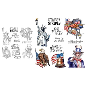 Giorno dell'Indipendenza, 4 luglio, Statua della Libertà, Griglia, Aquila, Bandiera Americana, Casa dei Coraggiosi, Timbri Trasparenti, Biglietti Artigianali