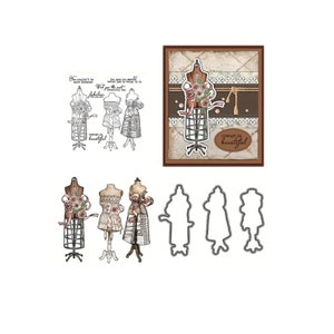 Può includere: Un set di tre fustelle in metallo per l'artigianato. Le fustelle hanno la forma di un manichino con gonna, un manichino con corpetto e un manichino con gonna e fiocco. Le fustelle sono progettate per tagliare carta, cartoncino e altri materiali.