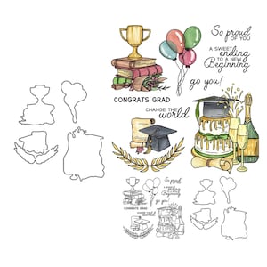 Fustelle in metallo per celebrazione, laurea, palloncini, torta, trofeo, timbri trasparenti