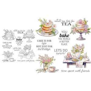 Gâteaux Fleurs Thé que vous faites cuire Le monde un endroit meilleur Il n'est jamais trop tard pour le thé Tampons transparents Scrapbooking Cartes créatives