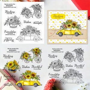 May include: A set of sunflower-themed stamps and a greeting card. The stamps depict a bicycle, a car, and flower baskets, all decorated with sunflowers. Text includes phrases such as "Thinking of you today" and "Friendship is proof that distance means little."