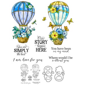 Cesta de flores con globos aerostáticos, nuestra historia comienza aquí, troqueles de corte de Metal, sellos transparentes, manualidades para hacer tarjetas y álbumes de recortes