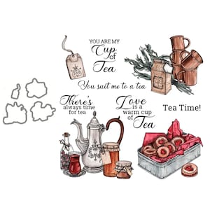 Vintage Tea Set Teacup Teapot Dessert Metal Cutting Dies Clear Stamps Card Craft