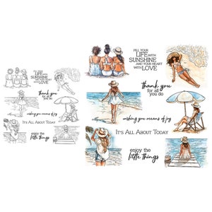 Amici della spiaggia, godetevi le piccole cose, riempite la vostra vita di sole e il vostro cuore di amore, timbri trasparenti, biglietti artigianali
