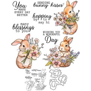 Des fleurs de lapin qui vous envoient des bisous de lapin qui passent pour vous dire bonjour Matrices de découpe en métal Tampons transparents Scrapbooking Fabrication de cartes artisanales