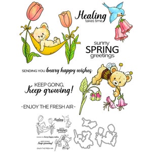 Fleurs de printemps Ours La guérison prend du temps Continuer à grandir Matrices de découpe en métal Tampons transparents Scrapbooking Fabrication de cartes artisanales