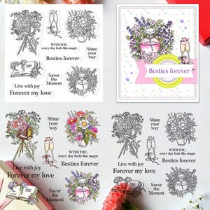 May include: A collection of floral-themed stickers and a greeting card. The stickers feature bouquets, perfume bottles, champagne flutes, and cameras. Text includes "Besties forever", "Live with joy", and "Shine your way". The card has a perfume bottle and flowers.