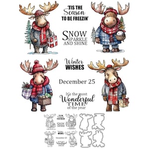 Natale, Alce, Inverno, Auguri, Periodo meraviglioso dell'anno, Neve, Scintilla e brilla, Fustelle in metallo, Timbri trasparenti, Creazione di biglietti, Artigianato