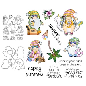 Gnomi da spiaggia Auguri estivi La vita è migliore in spiaggia Ti auguro oceani di felicità Fustelle in metallo Timbri trasparenti Biglietti artigianali