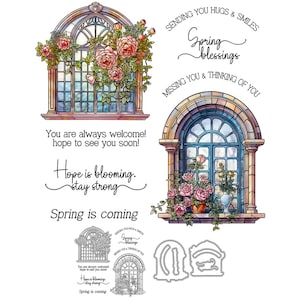Troqueles de corte de Metal para ventanas elegantes, flores, viene la primavera, esperanza está floreciendo, mantente fuerte, sellos transparentes, fabricación de tarjetas artesanales