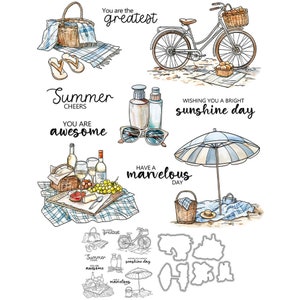 Spiaggia Picnic Bicicletta Estate Salute Giorno meraviglioso Sei fantastico Fustelle in metallo Timbri trasparenti Carta artigianale