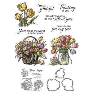 Matrices de découpe en métal Tulipe, Paniers de fleurs, Tampons transparents, Carte de scrapbooking