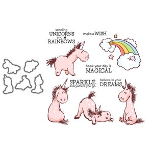 Fustelle in metallo con timbri trasparenti, unicorni, arcobaleno, giorno magico, esprimi un desiderio