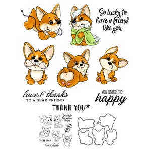 Cucciolo di Corgi in posa, mi rendi felice, amore e grazie a un caro amico, fustelle in metallo, timbri trasparenti, creazione di biglietti