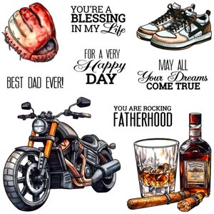 Festa del papà Motocicletta Bevanda Guanto da baseball Paternità rock Il miglior papà di sempre Fustelle in metallo Timbri trasparenti Scrapbooking Creazione di biglietti Artigianato