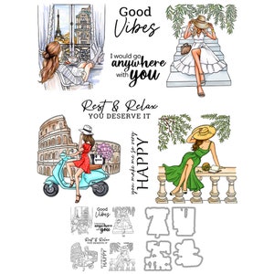 Troqueles de corte de Metal para mujer de viaje, París, Roma, descanso y relajación, te lo mereces, sellos transparentes, álbum de recortes, fabricación de tarjetas artesanales