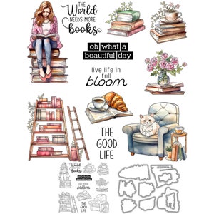 Livres Chaise chat femme lisant Le monde a besoin de plus de livres The Good Life Matrices de découpe en métal Tampon transparent fabrication de cartes Artisanat